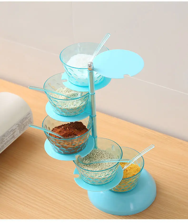 Hot Product Kitchen Accessories Seasoning Jar With Spoon 5 Layers Plastic Condiment Storage Jar Rotating Seasoning Box