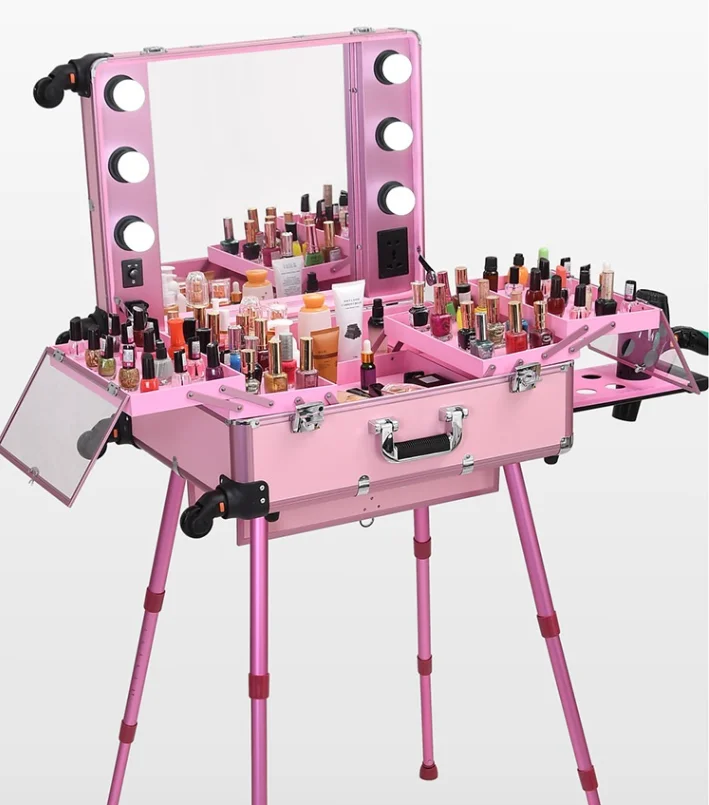 Aluminium trolley cosmetic case with lights mirror and stands, Makeup aritist hairdressing beauty trolley case