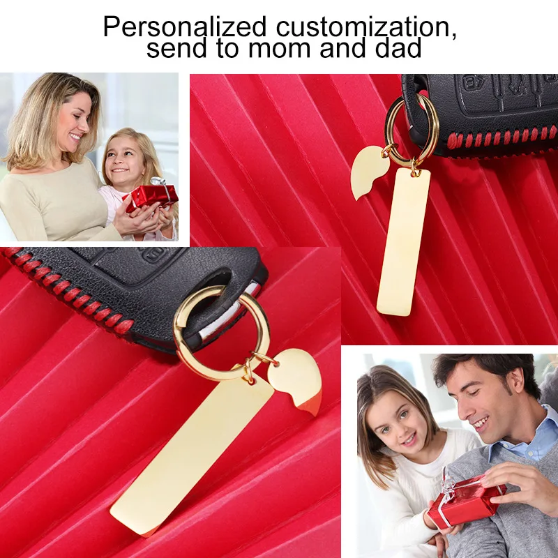 Design Blank Logo Engraved Stainless Steel Keychain Half Heart Shape Id Tag Key Chain For Couple Long Strip Peach Diy Keychains