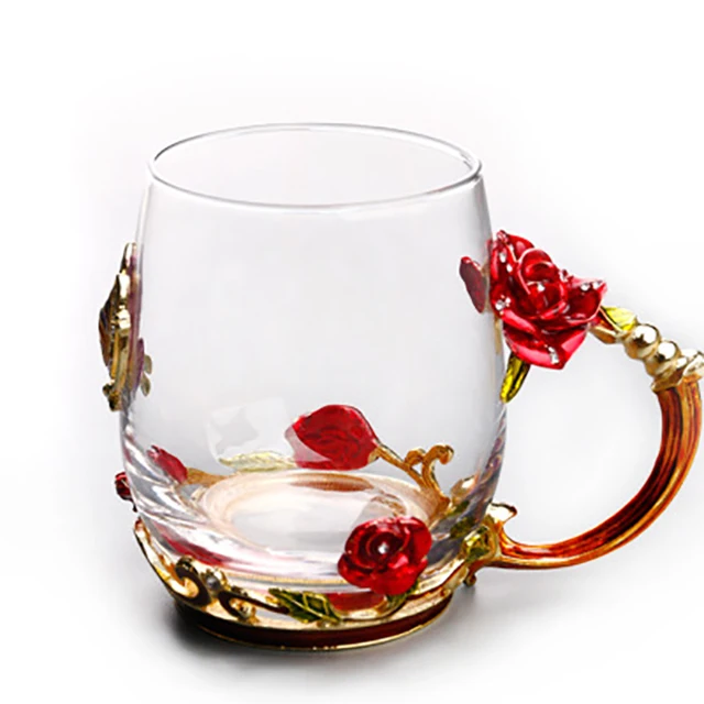 Top selling items unique Red rose decorative pattern clear with hand juice cups red wine glass cups