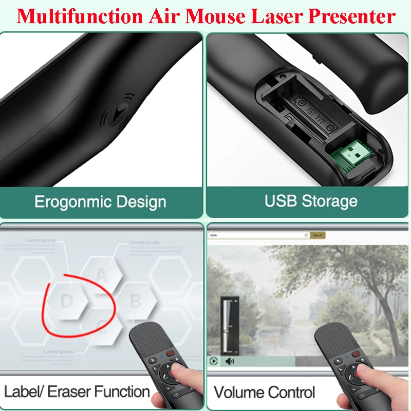 Wireless Laser Pointer with Air Mouse Eraser Button for Powerpoint Page turning Remote Control Presenter for PPT presentation