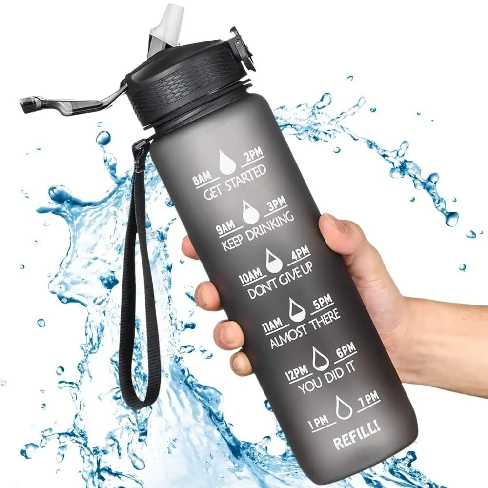 Hiking Water Bottle Frosted Plastic Bottle 1 Liter 32 Oz Motivational Water Bottle With Time Marker Reminder