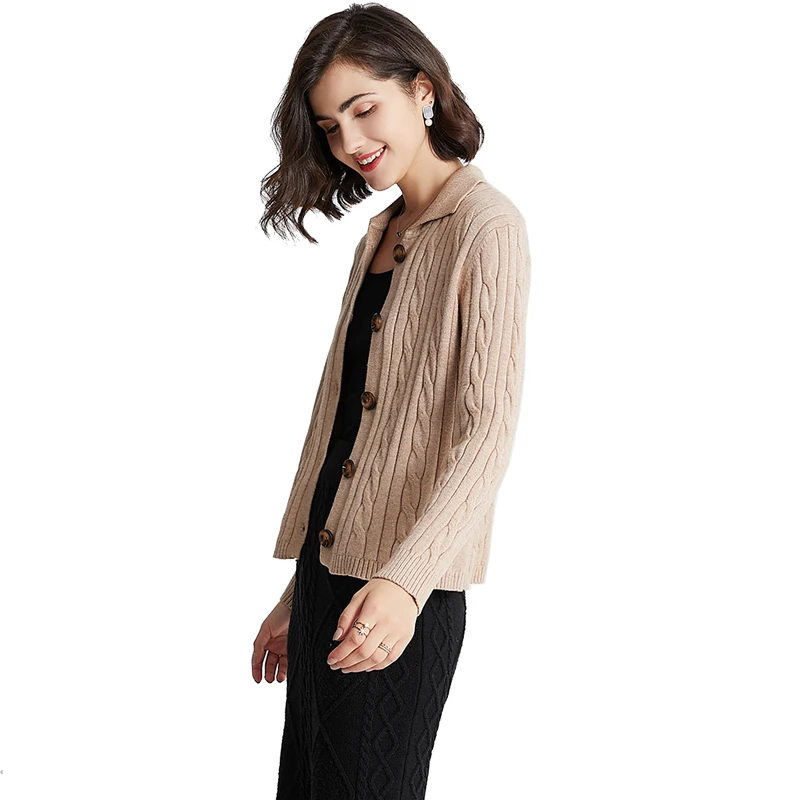Fashionable Polo Neck Cable Knit Womens Knitted Sweater Cardigan factory