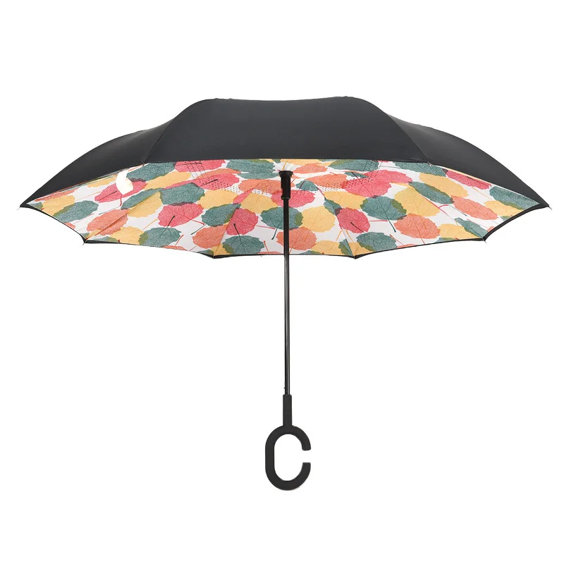 Custom Printing New Creative Hook Self-standing Double Layer Magic Windproof Car Inverted C Handle Reverse Umbrella