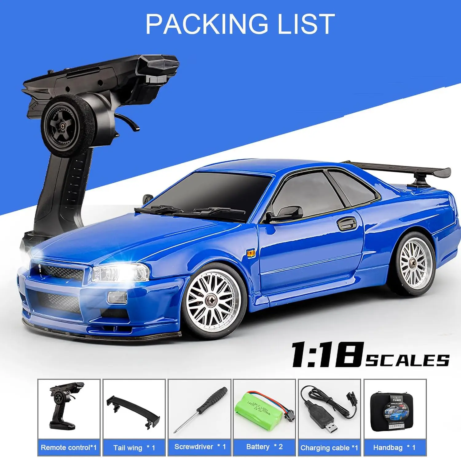 DWI 2 4 г 1:18 Радиоуправляемый дрейфующий автомобиль GTR R34 гироскоп гоночный со светодиодными огнями игрушечный из сплава для детей
