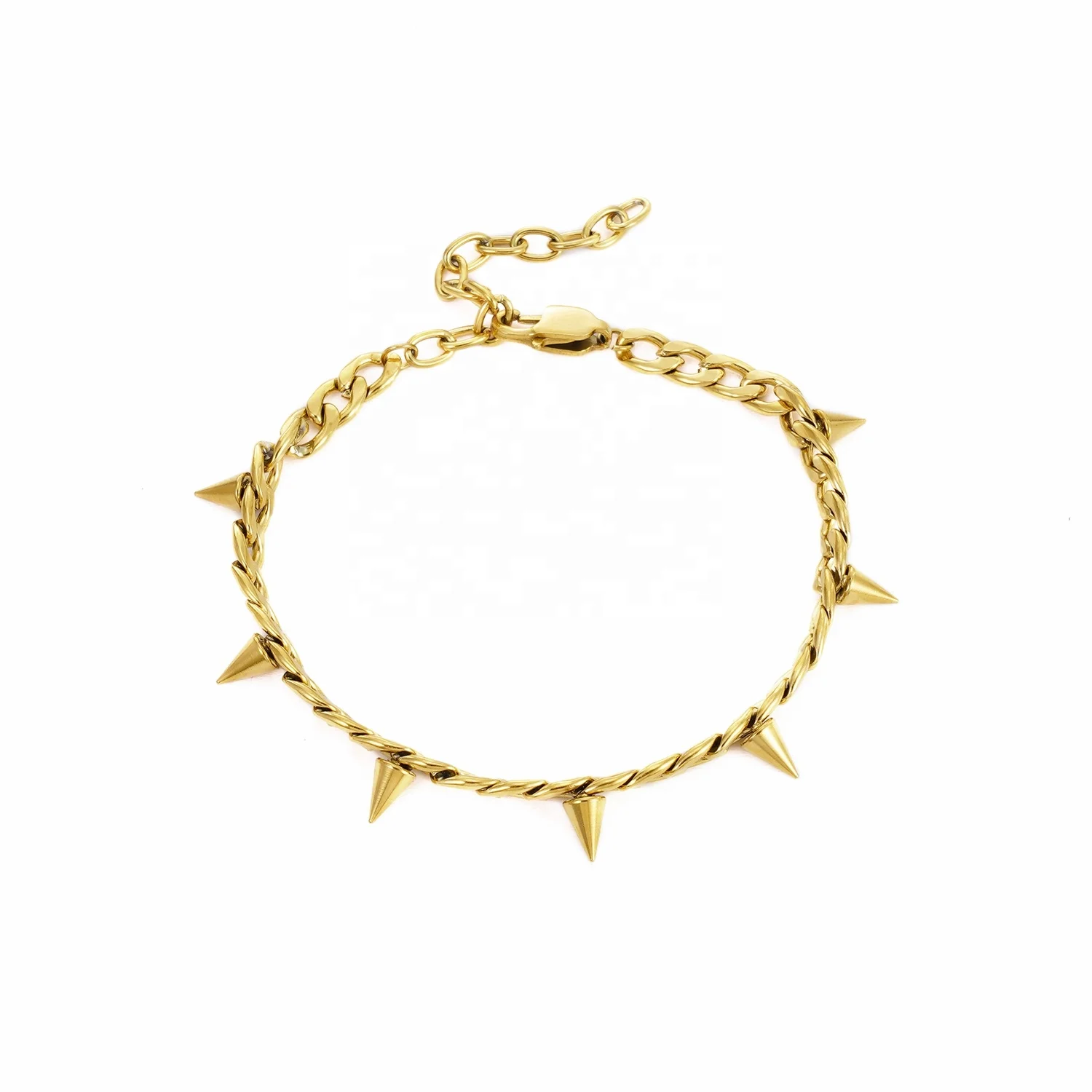 Wholesale Custom Hip hop Fashion Jewelry Stainless Steel 18k Gold Plated Spiked Rivet Thin Cuban Chain Link Bracelet Women Men