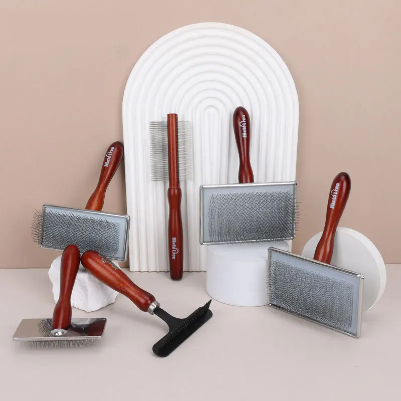 Small Long Hair Pet Dog Breeds Dead Fur Removing Cleaning Slicker Brush With Solid Wood Grip