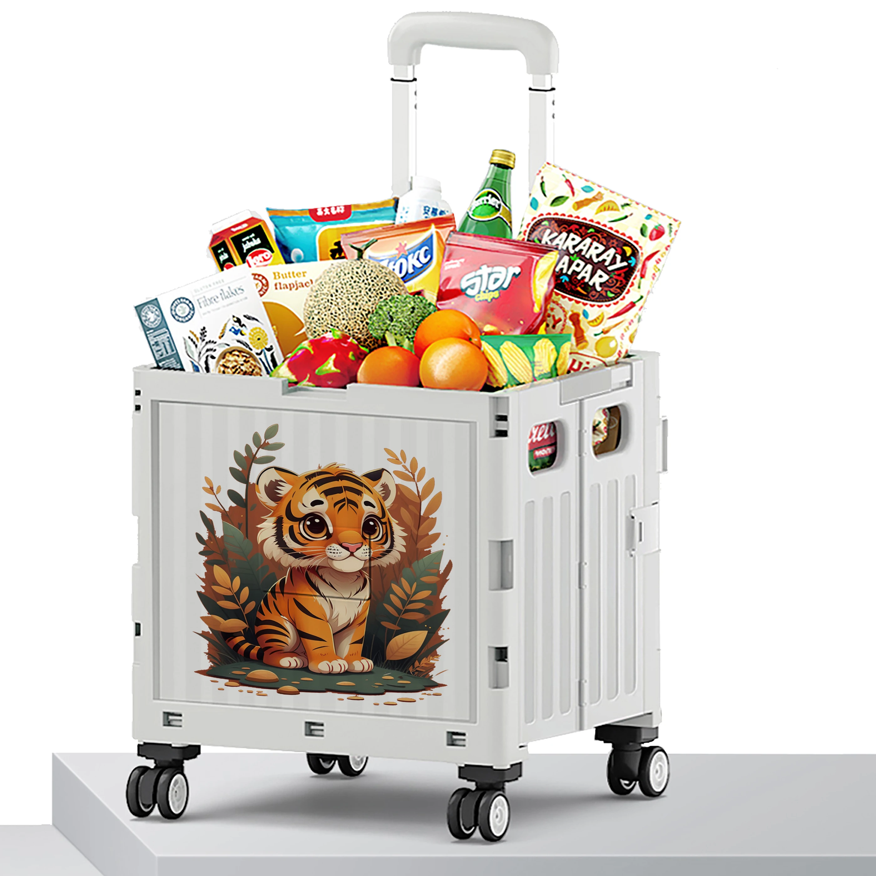 New 12 Chinese Zodiac OEM Folding Foldable Carts Market Car Space Saving 4 Wheels Trolley PP Shopping Cart Plastic White Gray