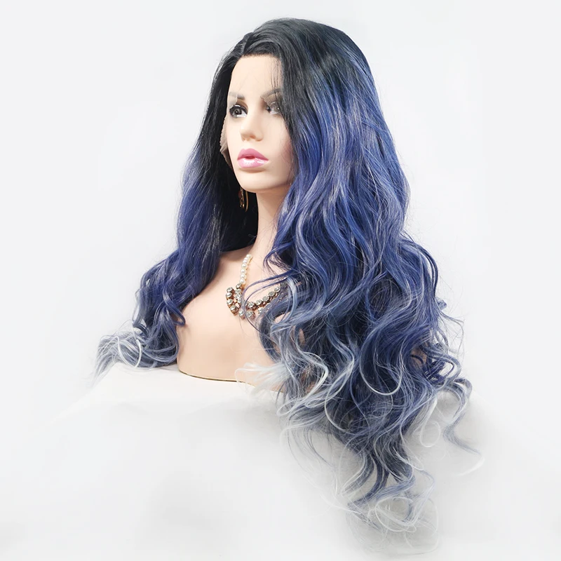 Factory Dropshipping Perruque Synthetique Dark Blue Mixed Color Body Wave Cosplay Wig With Lace Front