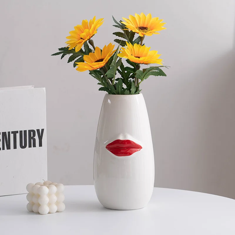 High Luxury Minimalist Boho Creative Floral Vases Ceramic Modern Vases for Home Decor Decorative Vase with Red Lip