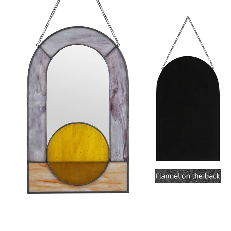 Vintage oval Blue orange and brown  inlad metal wall hanging mirror with chain