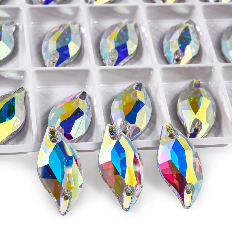 OLeeya K9 Quality Leaf Sewing Gemstone  AB Crystal Sparkle Glass Flat back Sew on Rhinestone For Garment Accessories