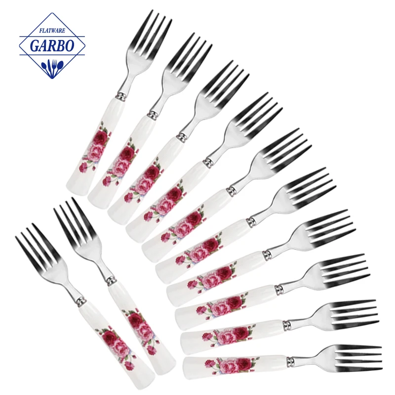Manufacture Price 18/0 Dinner Fork Set Stainless Steel Silver Fruit Fork Matt Polished Dessert Cake Fork Set With Ceramic Handle