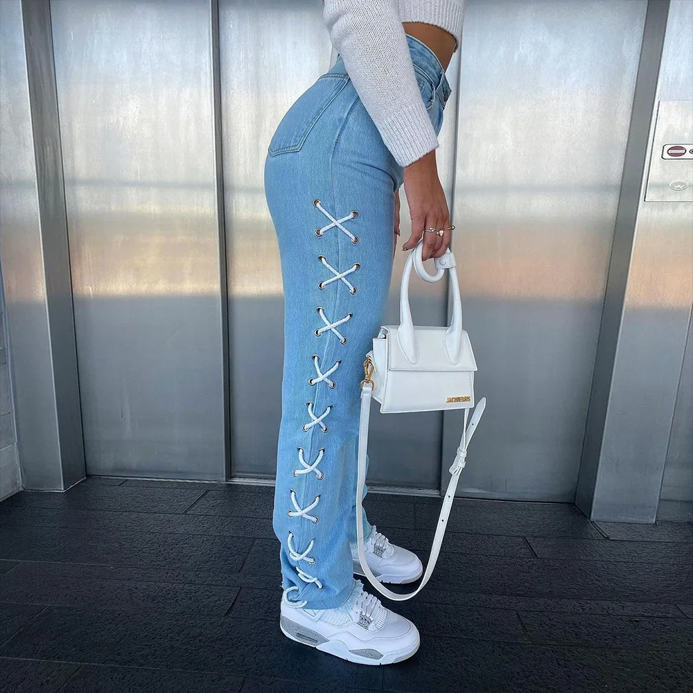 2022 Autumn/Summer Hot Sale Slim Fit Breathable Jeans With Drawstring Straight Denim Pants For Women