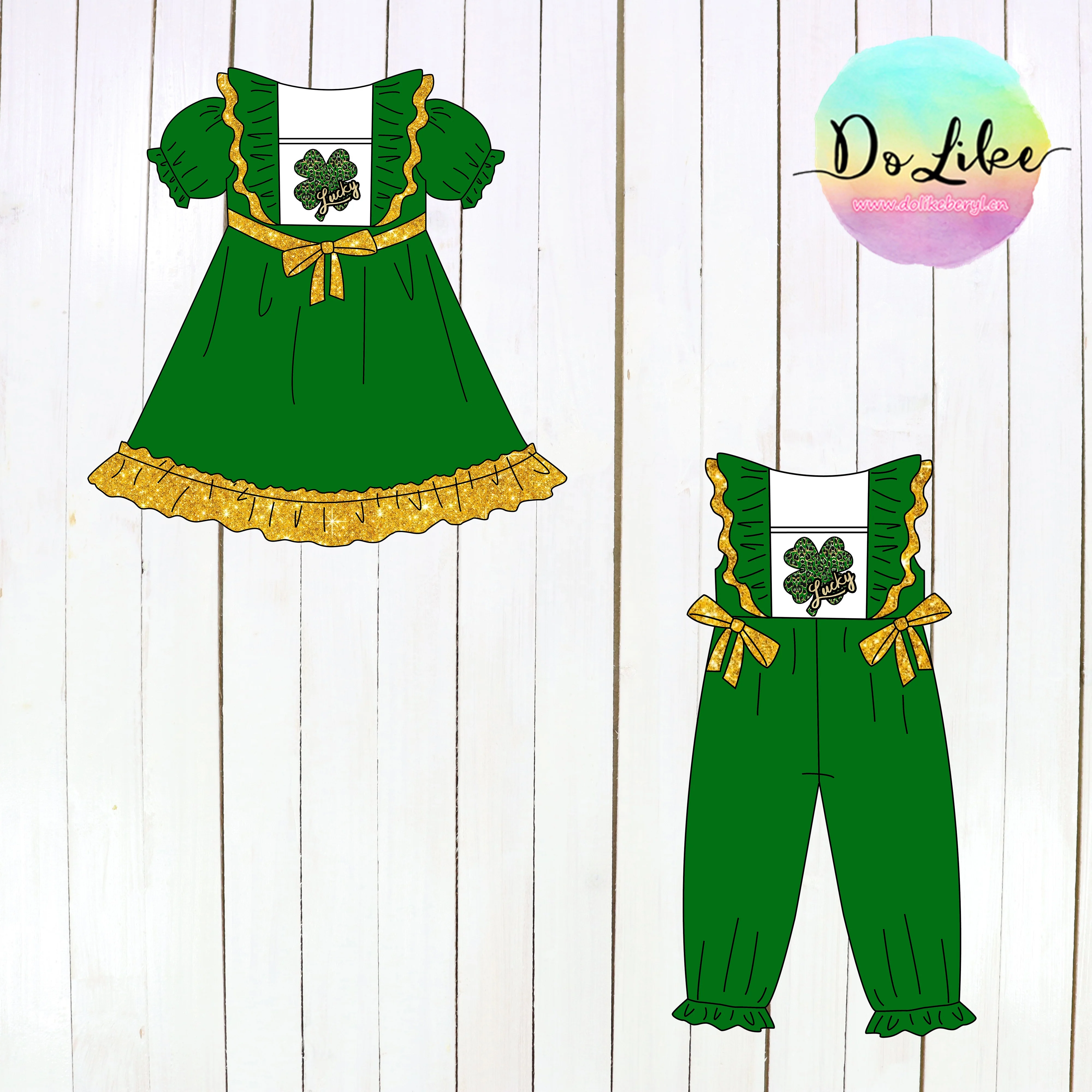 Kids clothing new design St.Patrick dresses clover stamp children girl dress shiny gold pattern boutique girls clothes
