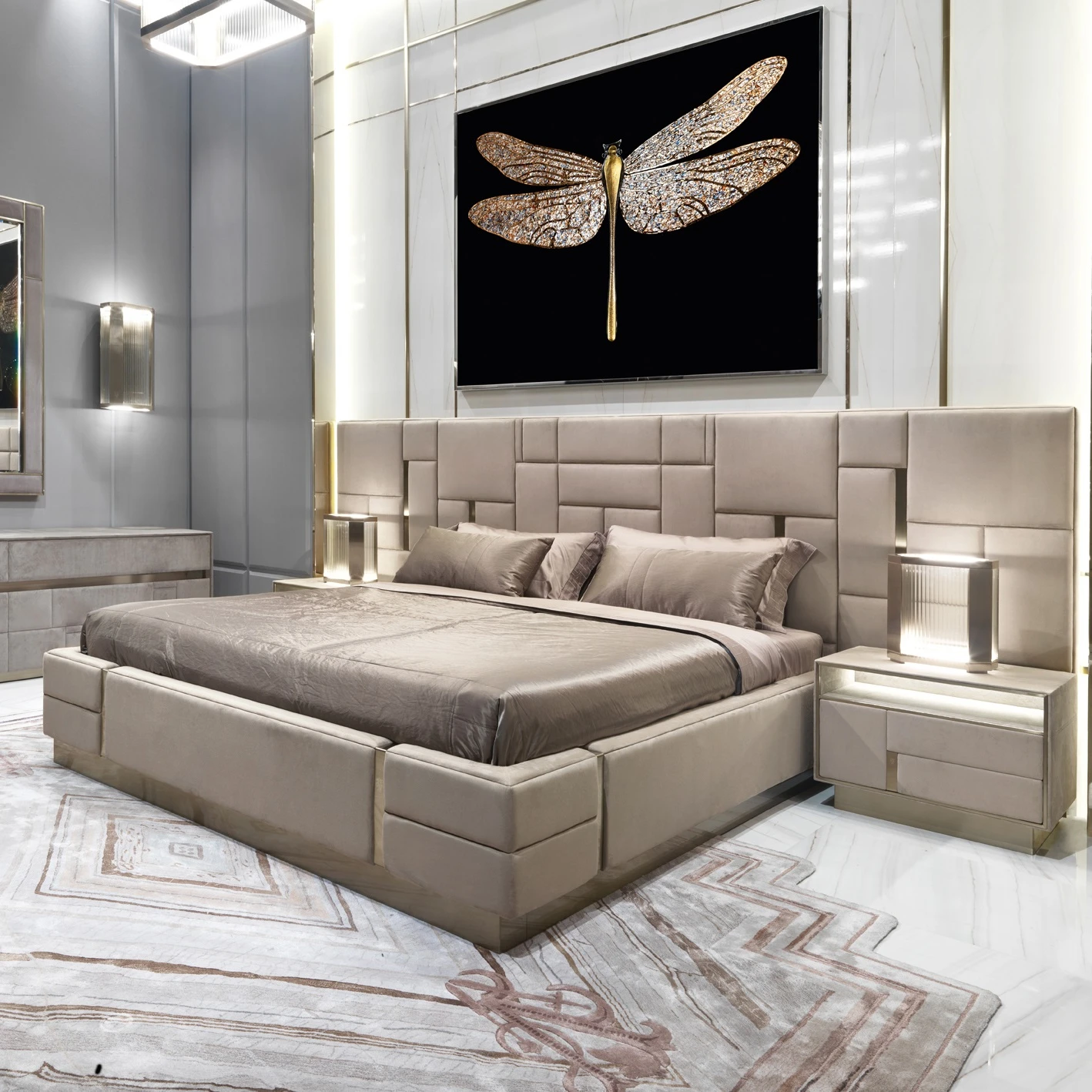 Modern luxury hot sale comfortable bedroom furniture metal legs gray solid wood frame leather storage beds set