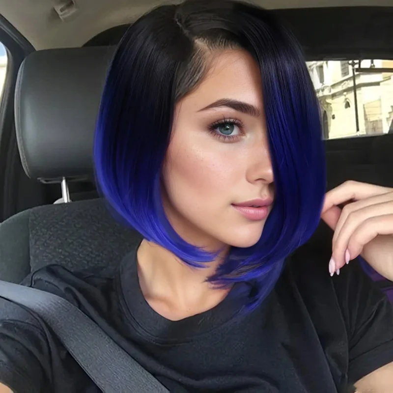 Synthetic Wig Straight Short Bob Ombre Blue Hair Side Part Wigs for Black Women Cosplay Heat Resistant Natural Looking