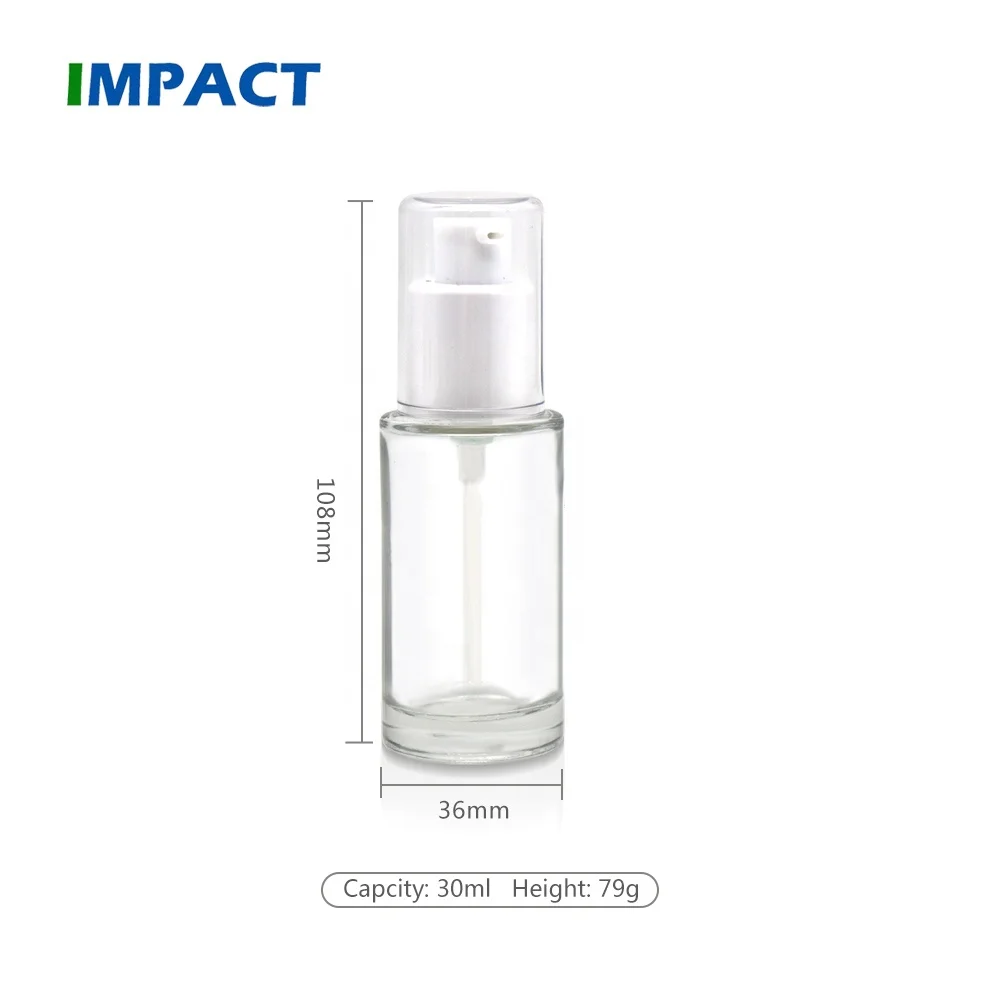 Hot selling high quality facial toner round serum pump glass 30 ml bottle 1 oz thick bottom