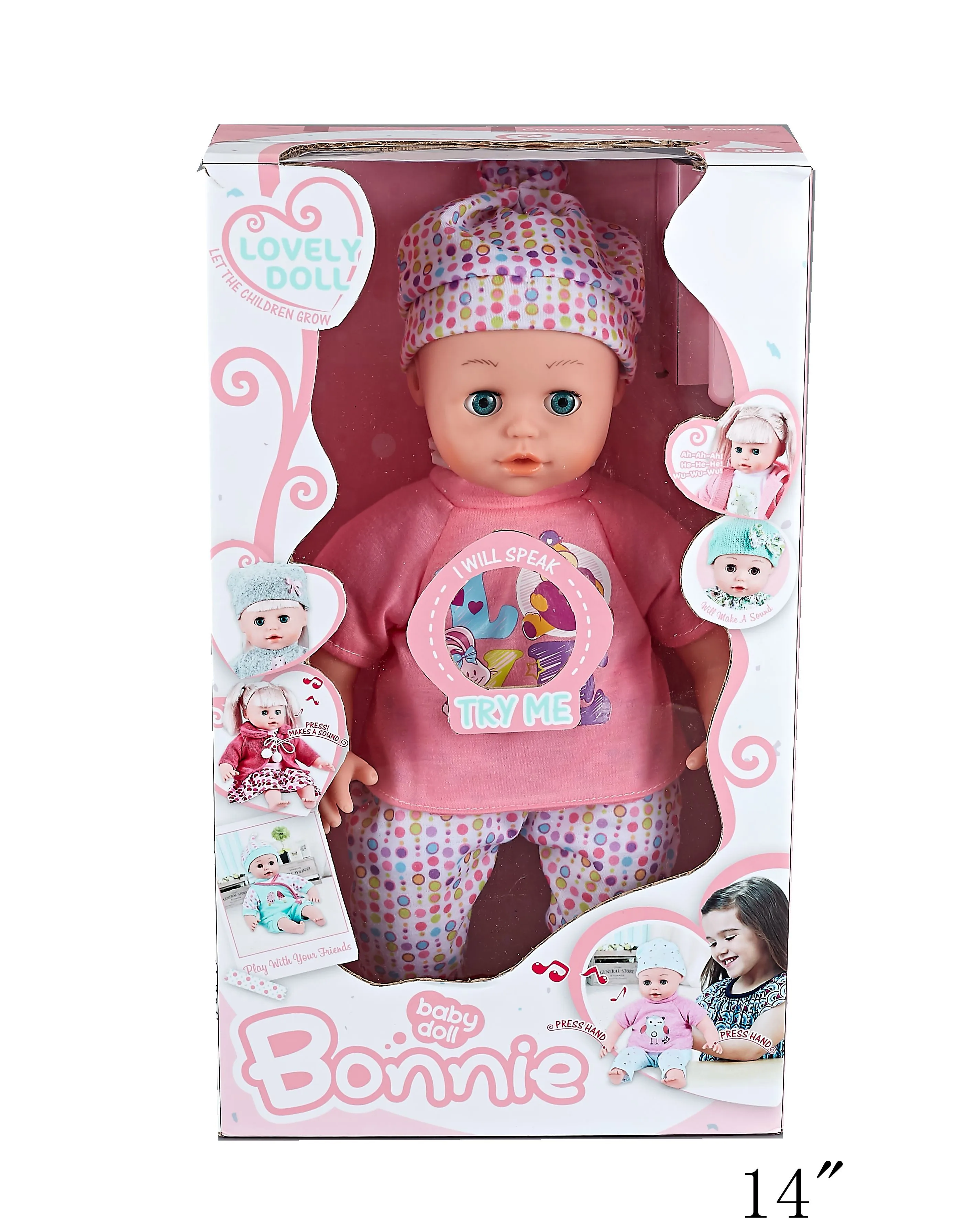 Wholesale cute baby boy doll cotton body with 12 sounds IC and feeding bottle toy set for kids