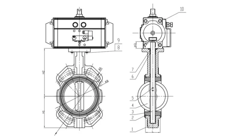 Bundor 2'- 44' 10K/150LB EPDM wafer type butterfly valve with pneumatic actuator