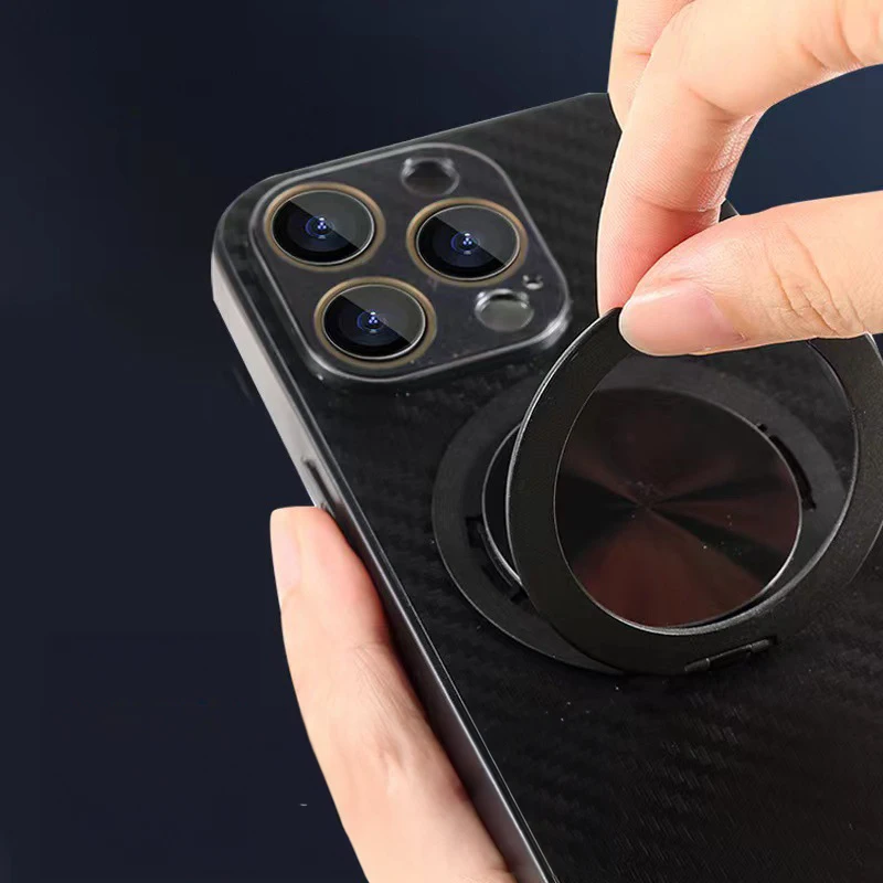 Carbon Fiber Materials Shell Lens Film Protective Phone Cover For iPhone 15 12 11 13 Pro Max 14 Plus With Holder Magnetic Cover