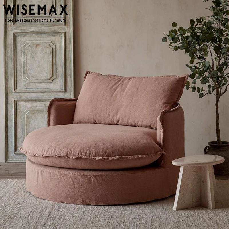 WISEMAX FURNITURE linen fabric feather down single sofa set luxury sofas round shaped floor couch sectional fabric sofa set