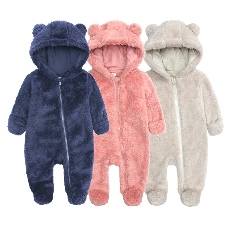 Cute Bear Newborn Rompers Solid Color Infant One Piece Body Suit Winter Baby Clothes Hooded