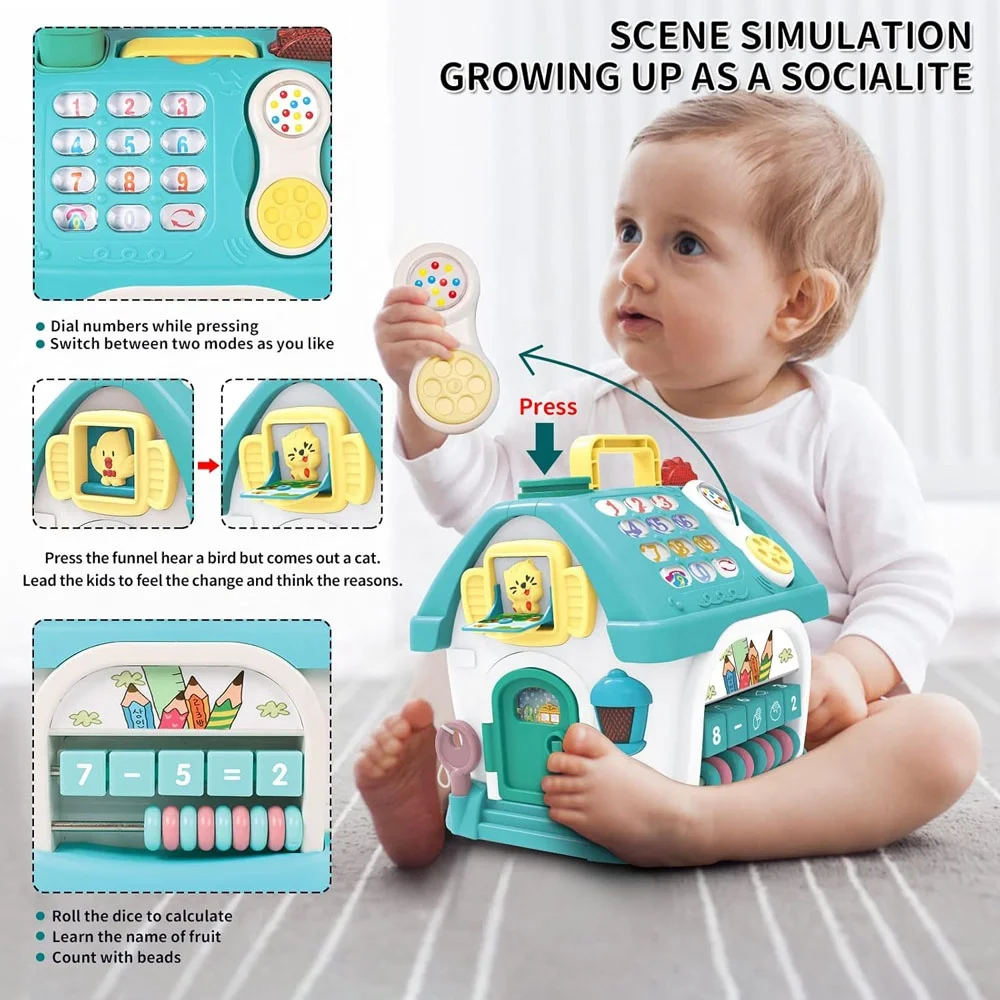 8 in 1 Montessori musical learning and playing house toy toddler multi-functional house activity cube educational toy with light