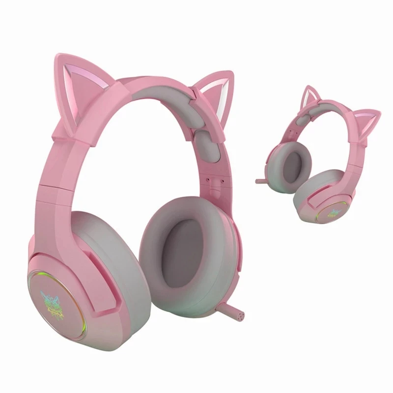 Pink THX 7.1 Surround Sound RGB Lighting Retractable Active Noise Cancelling Mic Lightweight Kitty RGB USB Gaming Headset for pc