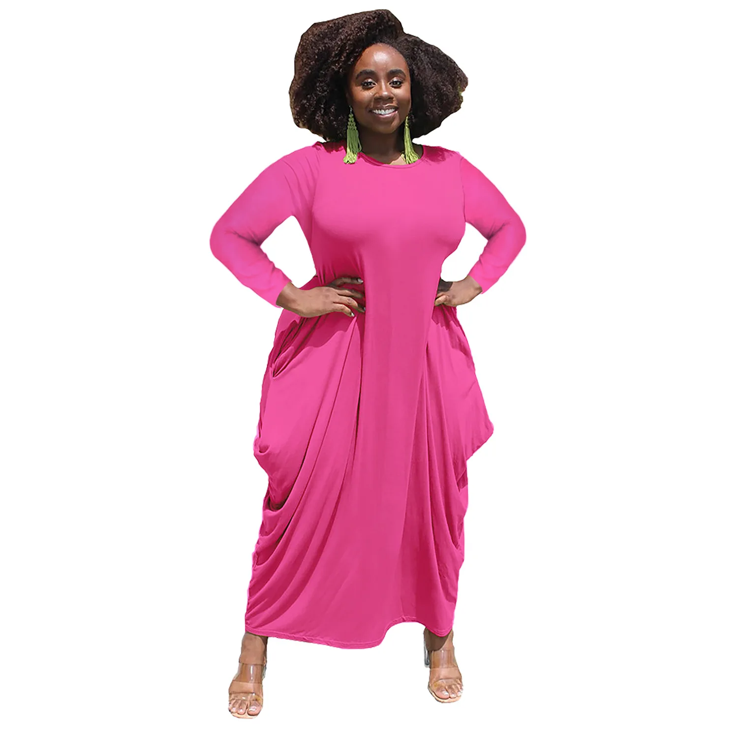 5XL Oversize Solid Color Causal Loose Long Sleeve Women Plus Size Maxi Dresses With Pockets