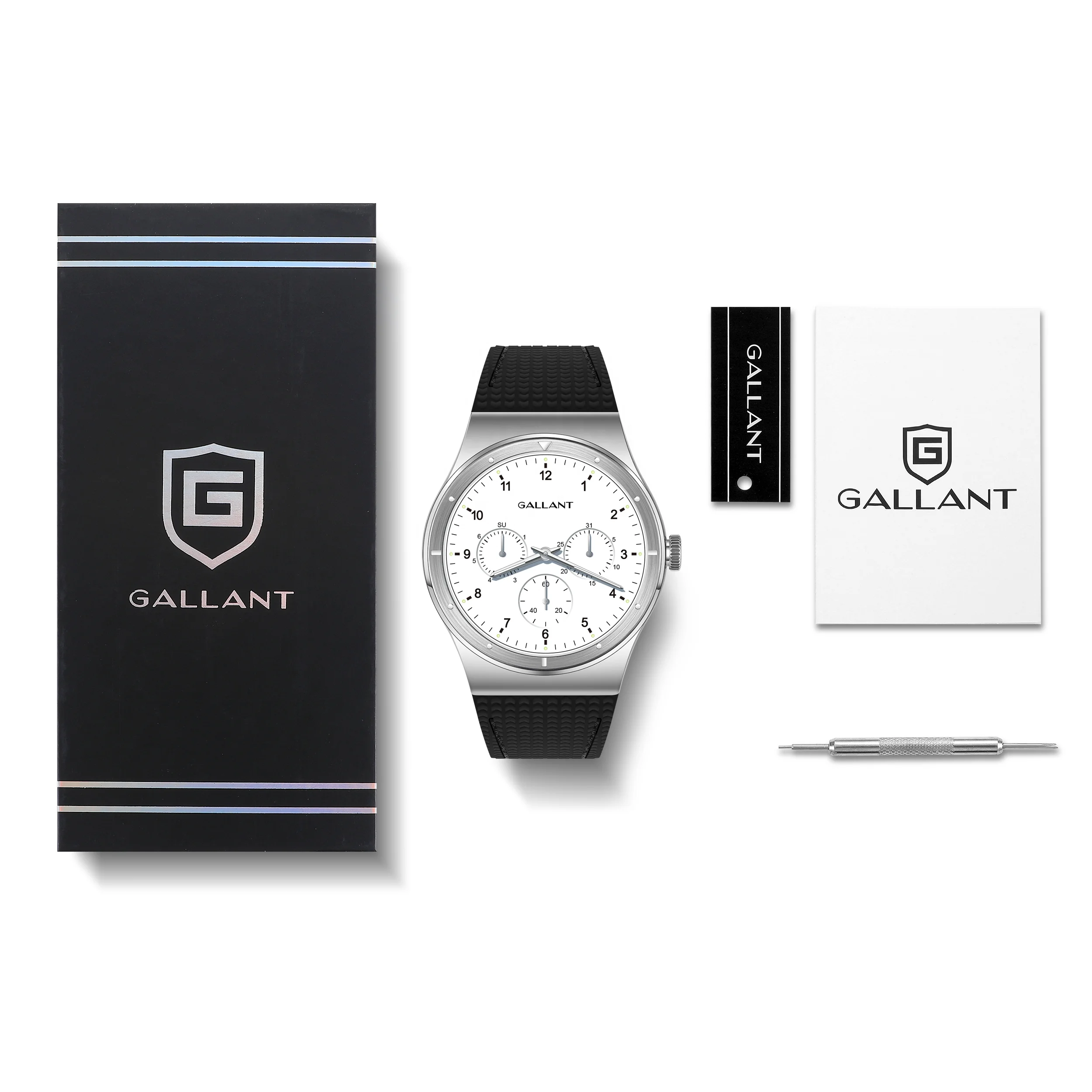 Gallant brand wholesale watches steel case white dial rubber watch strap quartz wrist sport watch