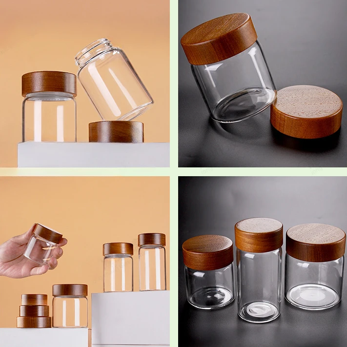 Wholesale Diameter 47mm Glass Bottles with Acacia Wood Lid  for Sample Sub Bottle Storage Bottles Jars