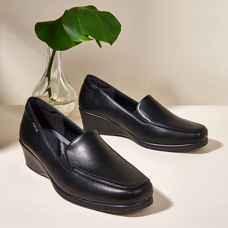 Elastic Band Square Toe Black Wedge Shoes Pumps Women Formal Work Office Bank Hotel Uniform Comfortable Close Shoes