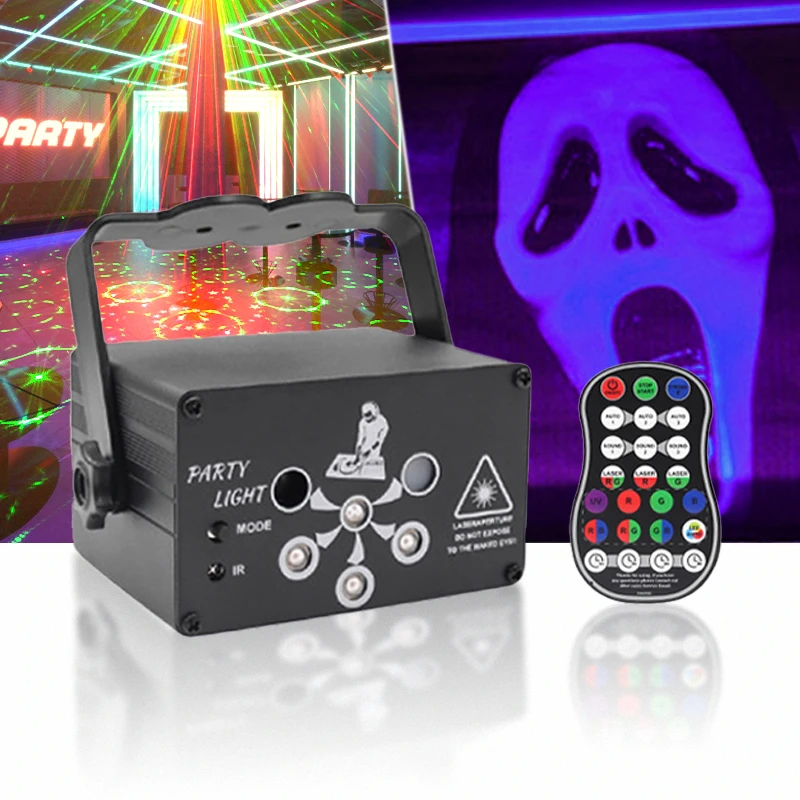 Portable red and green lazer beam UV black light 6 eyes remote control stage lights for bar dance floor party