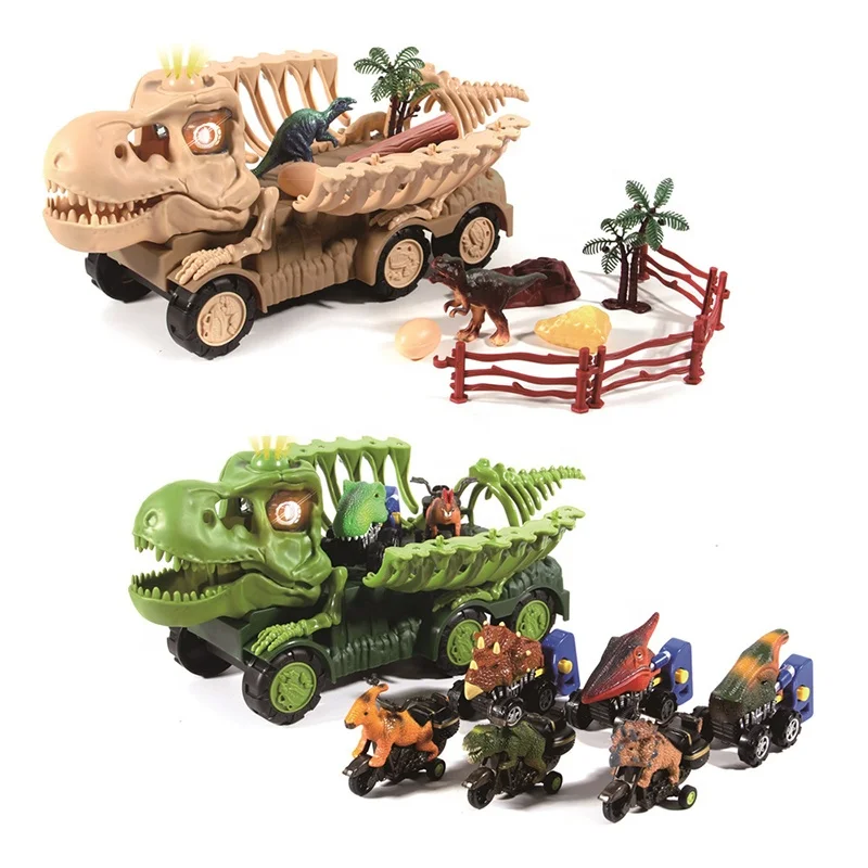 Best Gifts Transport Vehicle Carrier Car Dino Skeleton Cage Light Sound Activity Play Truck Set Dinosaur Toys for Kids