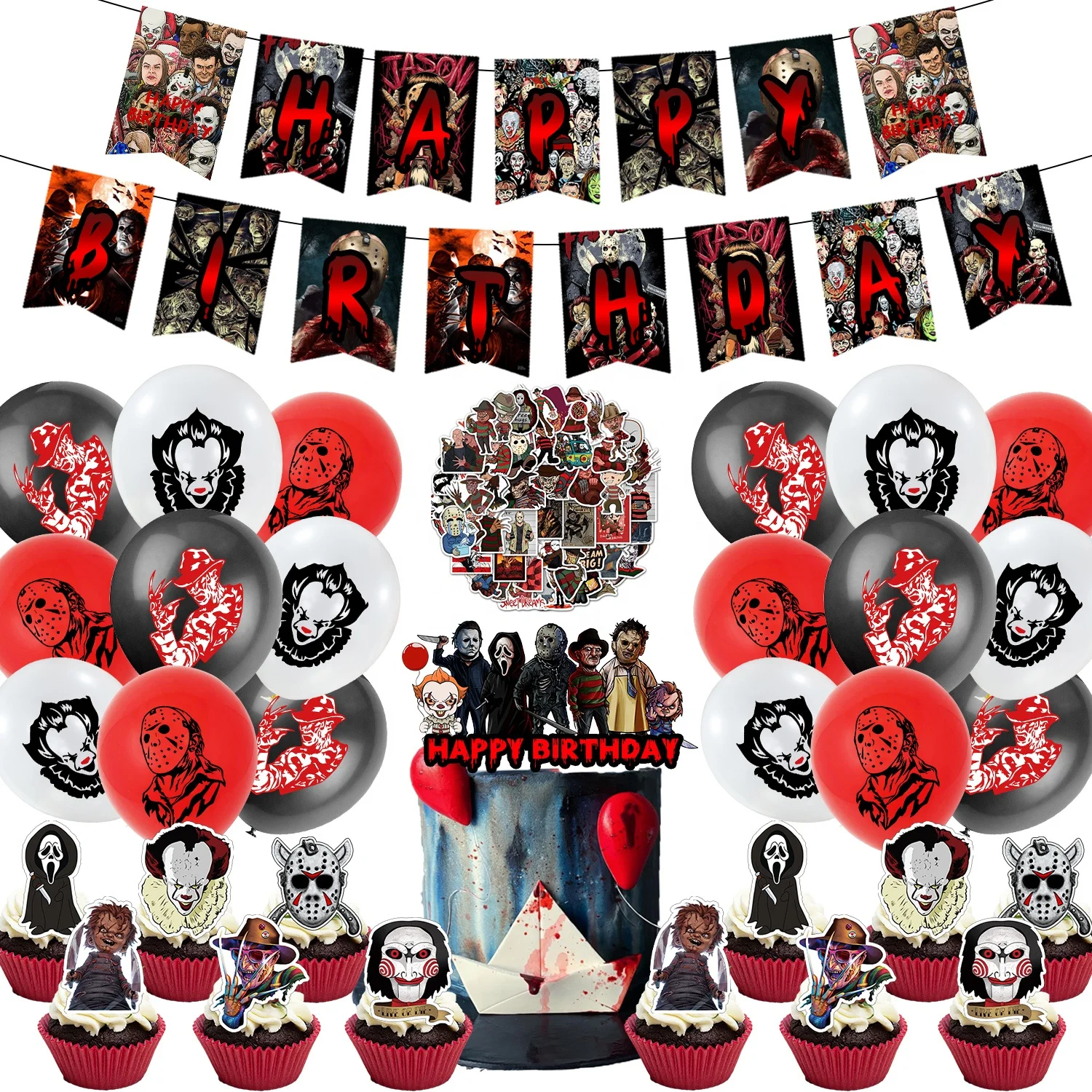 Classic Horror Movie Party Decoration Supplies Includes cake Toppers Balloons happy Birthday Banner all are ready ship