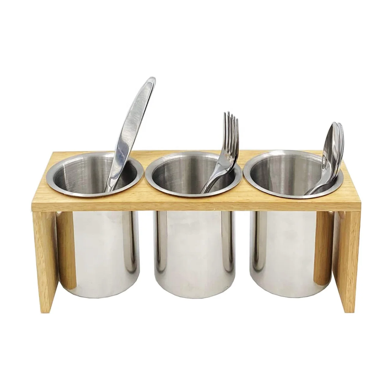 Bamboo Draining Rack Flatware Caddy Stainless Steel Cutlery Holder with Bamboo Base