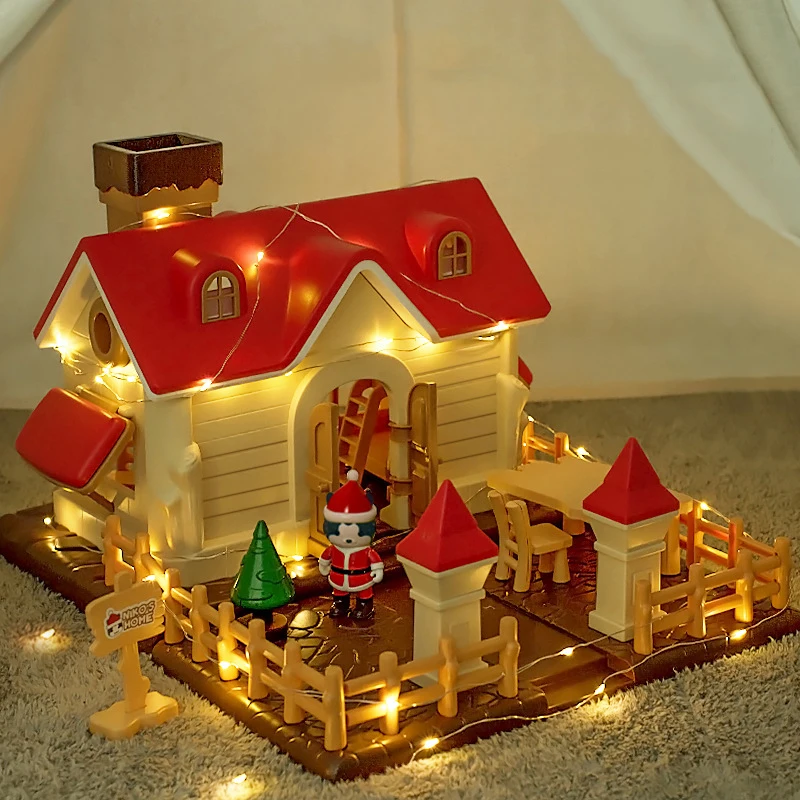 Kids play pretend toy Assembly DIY miniature house kit light furniture forest snow villa village mini dollhouse making kit