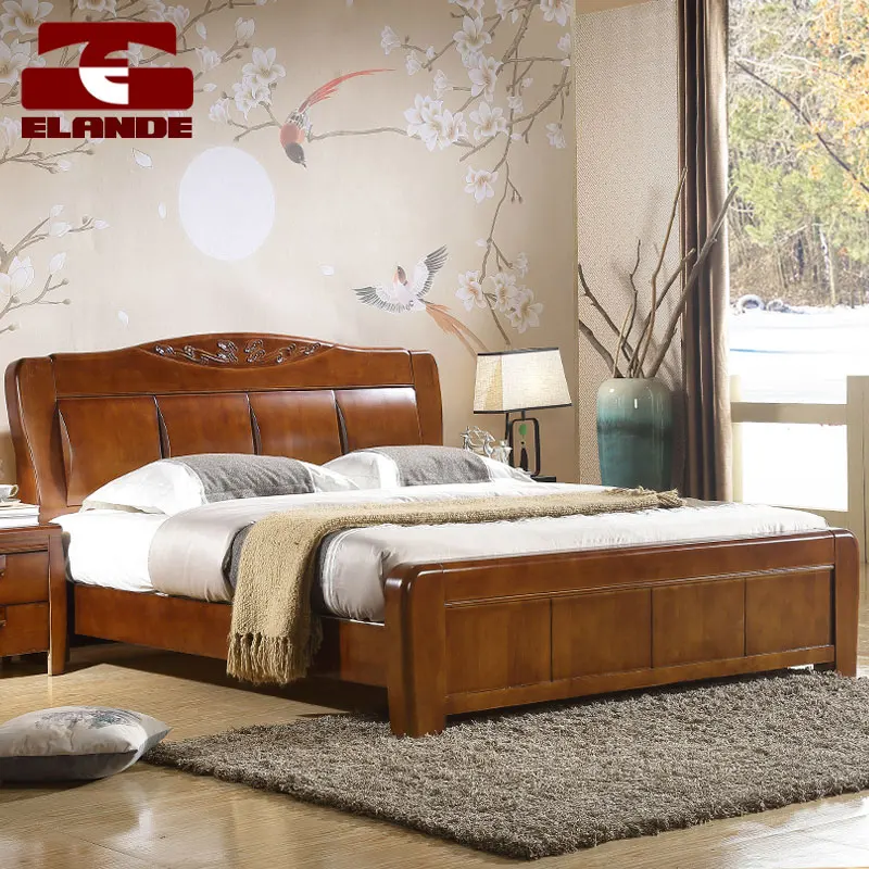 Hot-selling simple solid wood thickened bed Bedroom storage furniture Wooden double bed