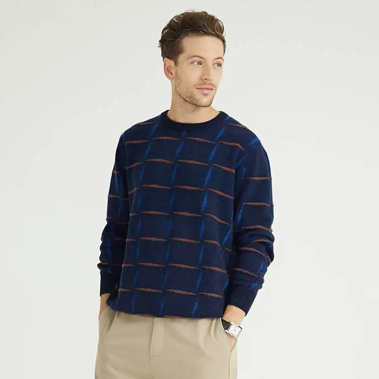 Mens Intarsia 100% Recycled Cashmere Knit Sweater Winter Crew Neck Pullover Jumpers For Men China Knitwear Manufacturer