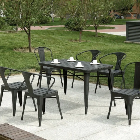 Stacking Drinking Outdoor Aluminum Metal Furniture With Plastic Wood Light Weight Dinning Patio Garden Table and Chair Sets