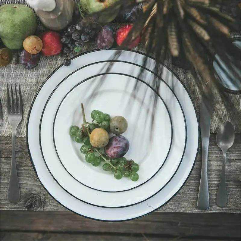 Novelty item classic food grade kitchenware custom colored dinnerware enamel charger dining plates sets wholesale