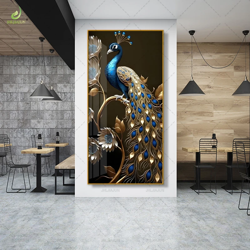 Luxury Decoration HD Printed Canvas Painting Peacock Crystal Porcelain Home Decoration and LED Mural Painting