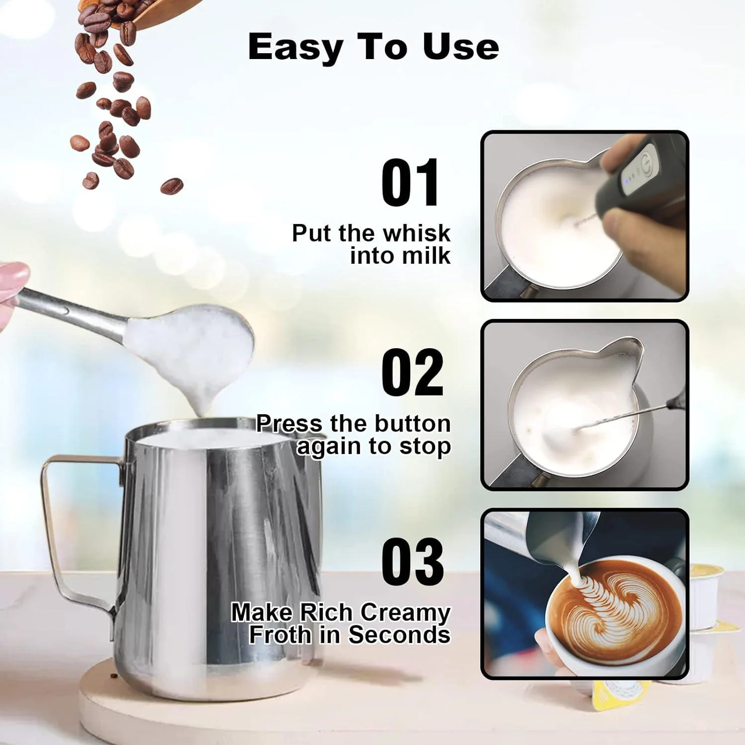 Milk Frother Handheld Coffee Whisk Mini Blender Electric Foamer Battery Operated Milk Frother