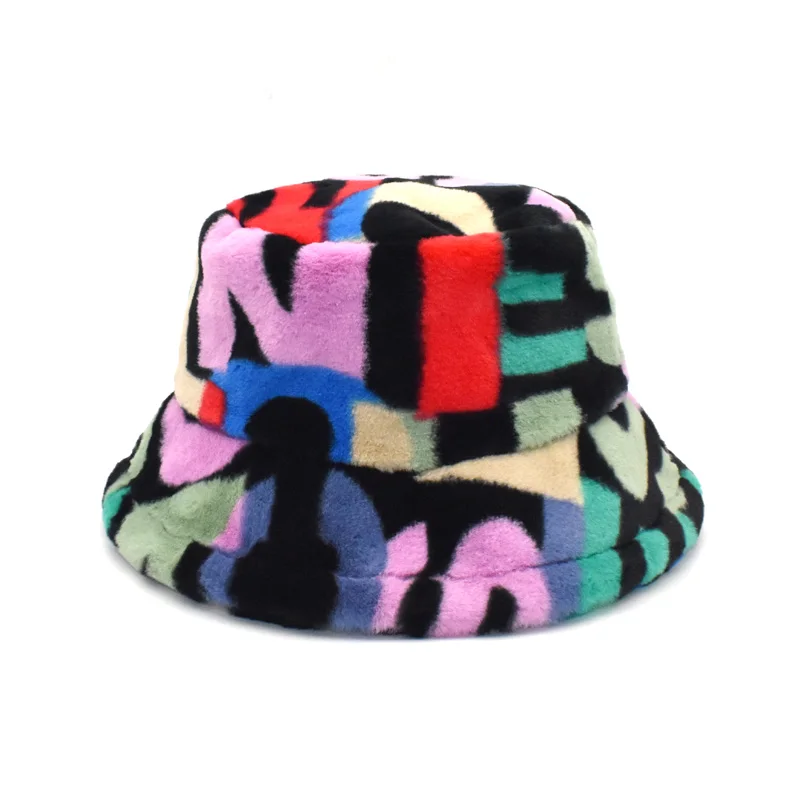 New Arrival Artificial Rabbit Fur Material Colorful Pattern  Bucket Hat