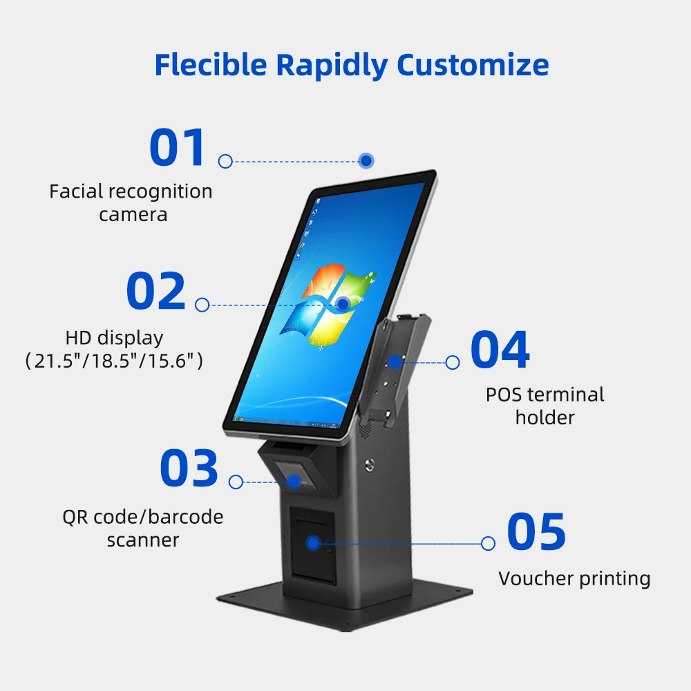 Custom led light hd display screen 21.5/23.6' colomn kiosk with scanner nfc,rfid,ID card reader order and pay kiosk