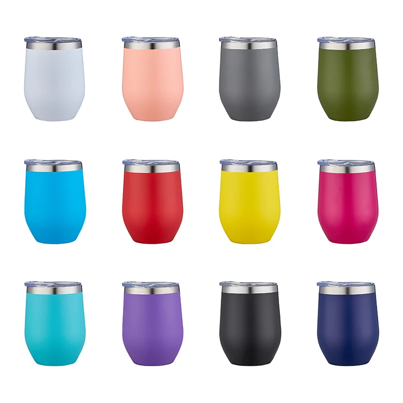 Watersy Double Wall Insulated Stainless Steel 12oz Powder Coating Wine Glass Tumbler Coffee Beer Cups With Sliding Lid for Gift