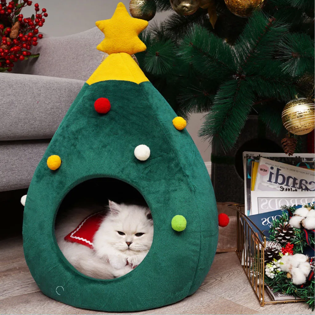 Cat Bed pet condos house Christmas Tree Covered Cave Washable Pet Sofa with Removable Cushion for Small Dogs Cats