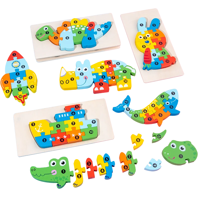 Wholesale Puzzle Animal Wooden Game Toys Wood Jigsaw Puzzle Educational Toys Toddler 3d Dinosaur Wood Puzzle for Kids