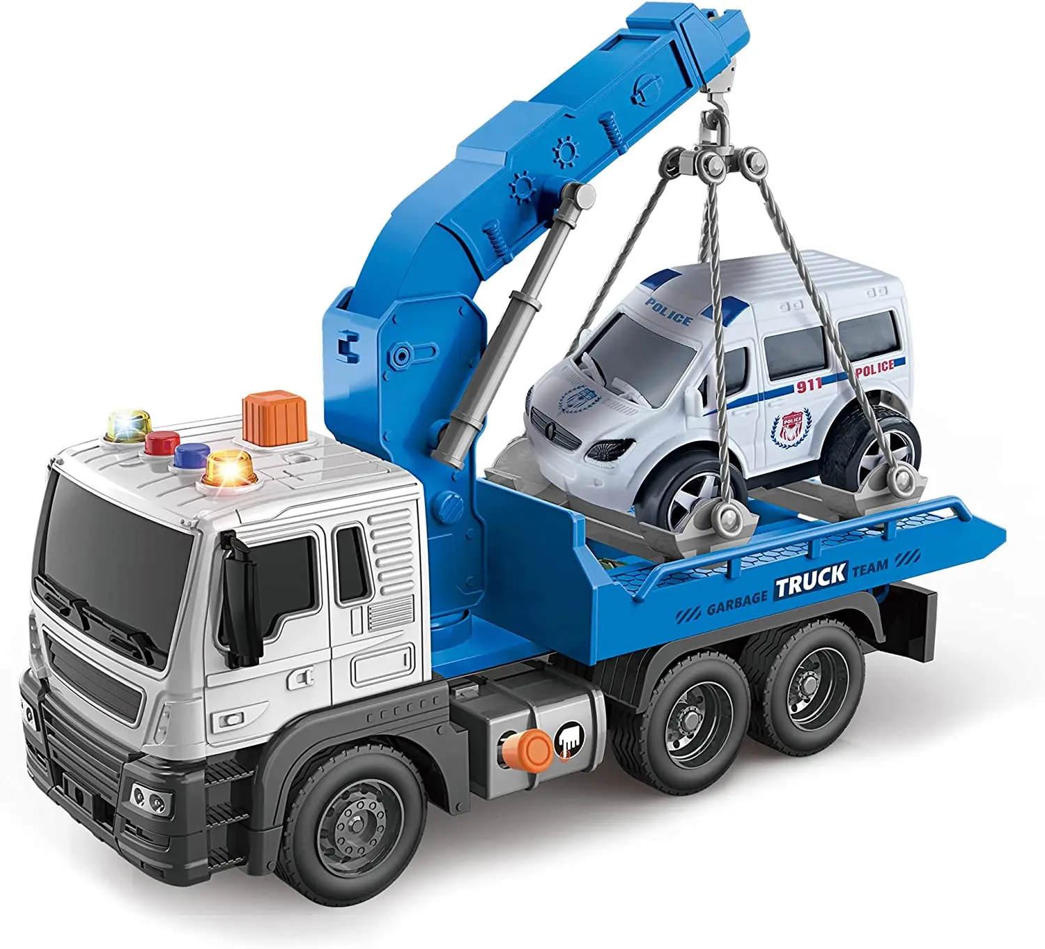 Tow Truck Toy with Hook and car Friction Power Transport Truck Crane Toy with Light and  Sound for Boys and Girls
